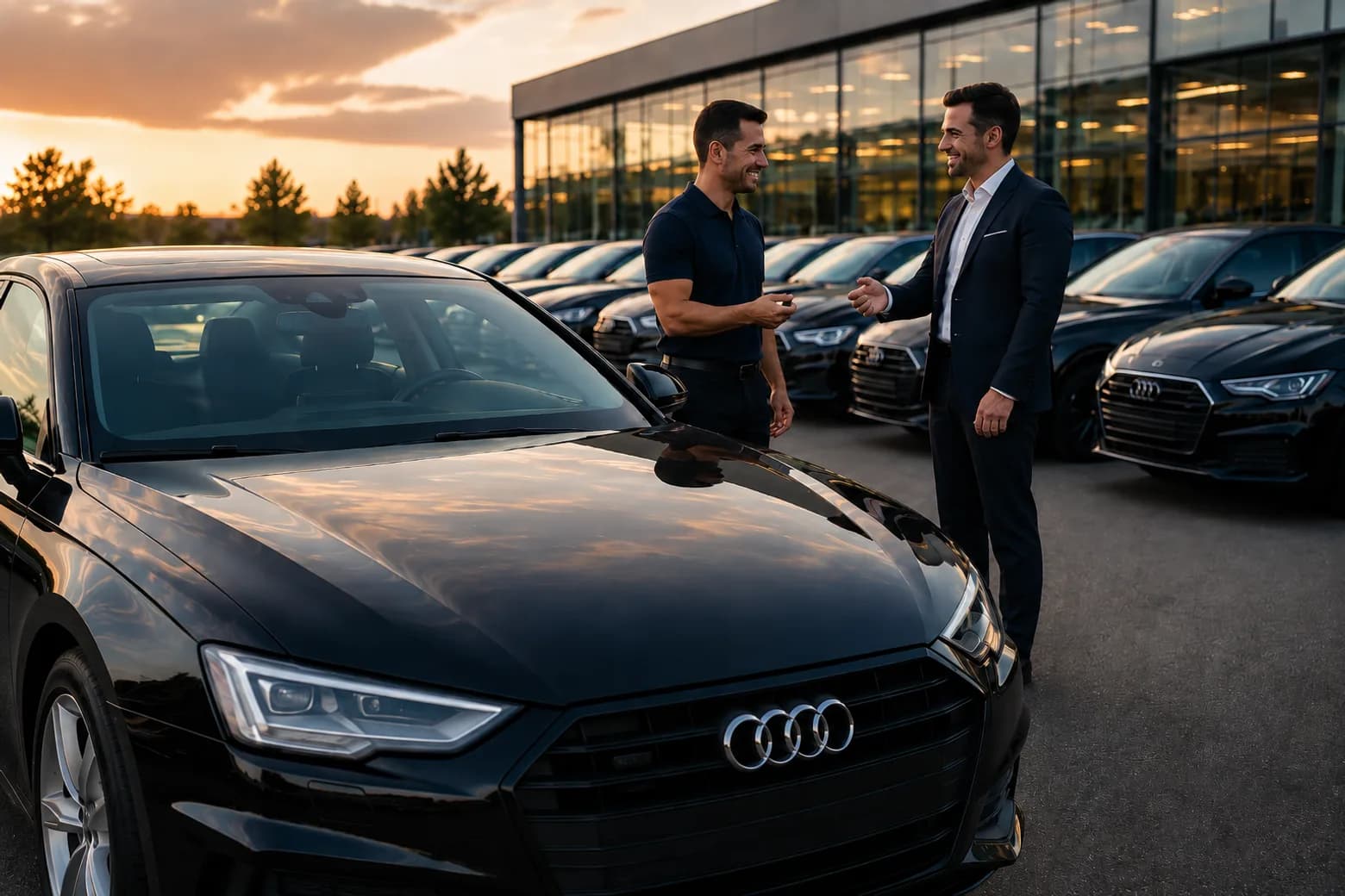 Technik GAR Service si podává ruku s manažerem autosalonu na skladové ploše plné vozů