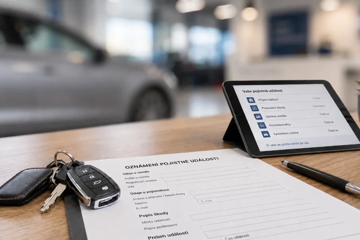 Oznámení pojistné události — formulář, klíče od auta a sledování stavu opravy na tabletu