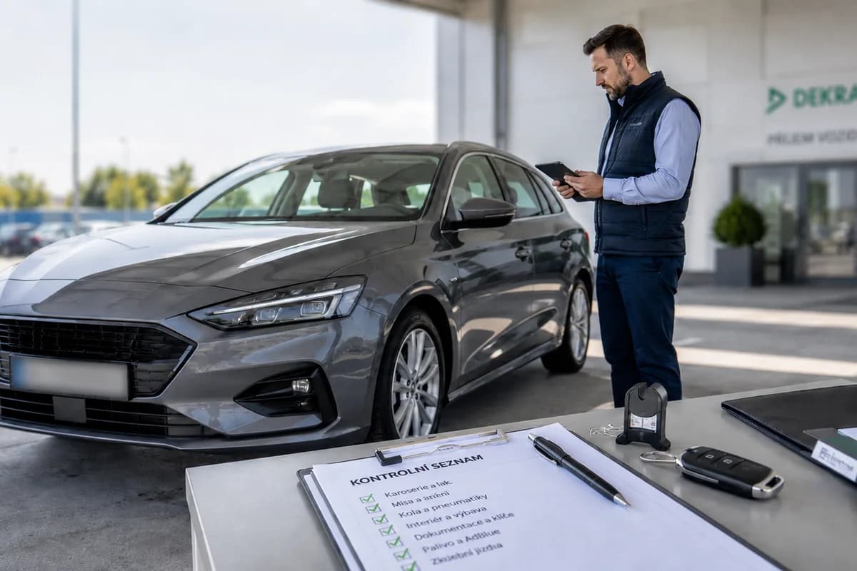 Přejímka vozu na stanici DEKRA — technik s tabletem, klíče a kontrolní seznam